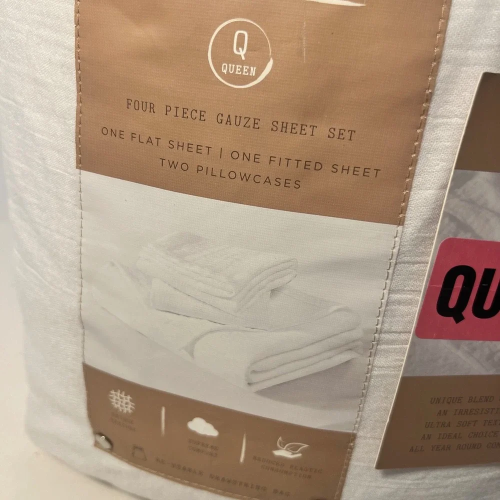 Bed Theory Co Queen Four Piece Gauze Sheet Set White Ultra Soft Texture NEW